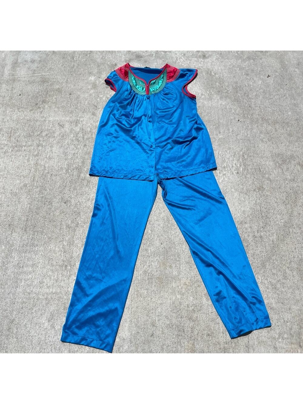 Vintage Vanity Fair Satin Pajama Set Blue Lounge Sleepwear USA Made